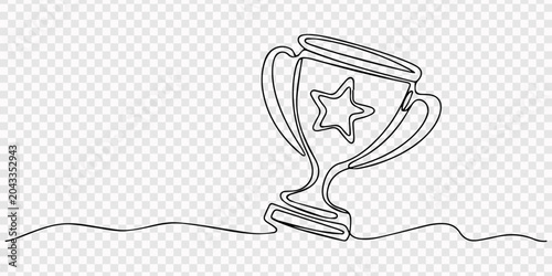 Winner trophy cup continuous one line drawing vector illustration award success icon, transparent background, minimal line drawing of a trophy cup with a star on it representing success and pro.