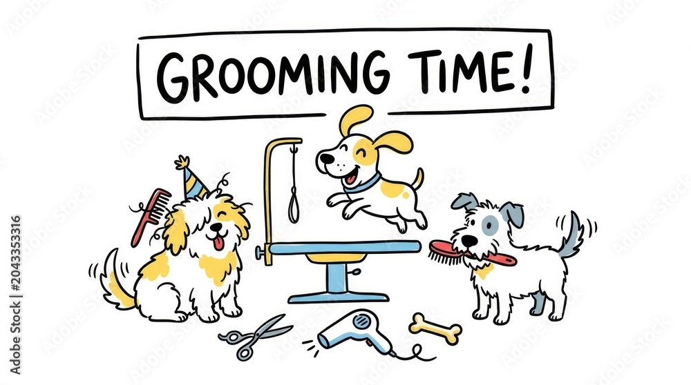 Fototapeta premium Happy dogs anxiously awaiting their grooming session with cute accessories and playful background