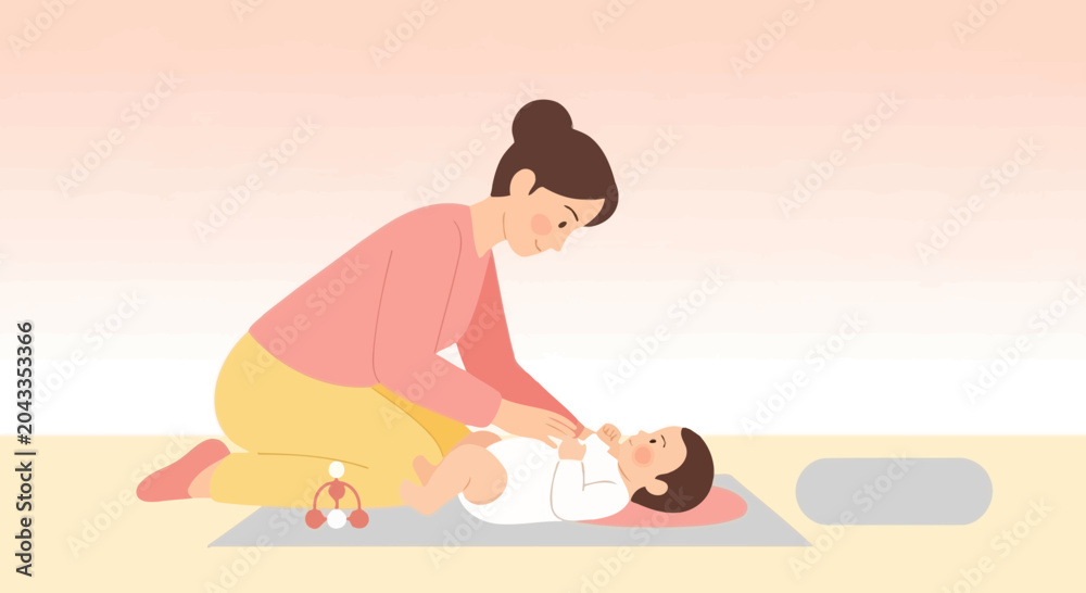Fototapeta premium Mother changing diaper of baby on changing mat with toy, flat design