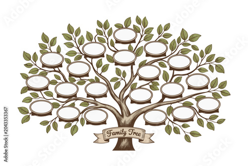 Fotografie An illustrated family tree with many empty oval frames for photos and a banner a