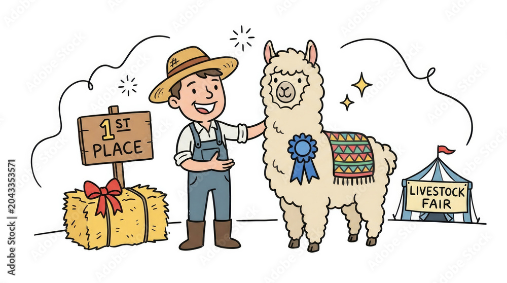 Fototapeta premium Proud farmer showcasing award-winning alpaca at livestock fair for competition and celebration
