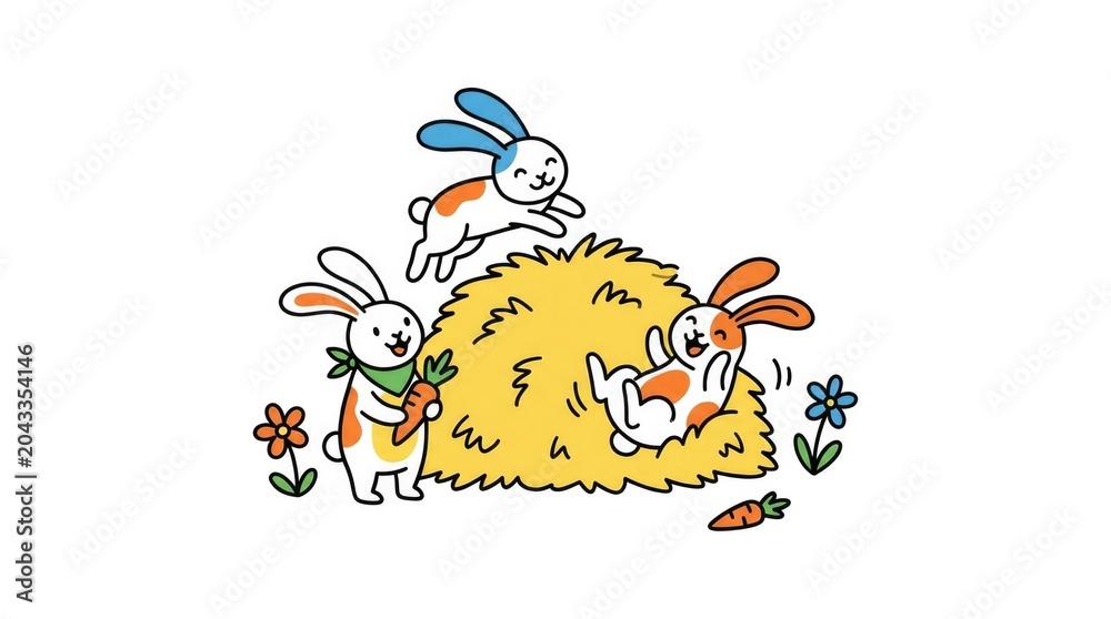 Fototapeta premium Playful rabbits enjoying hay pile with carrots and flowers in a spring scene