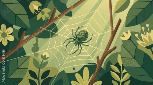 Spider weaving web among twigs in nature background for design and education
