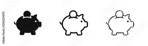 Obraz na płótnie Piggy Bank Savings Icon Set with Coin in Three Different Graphic Styles