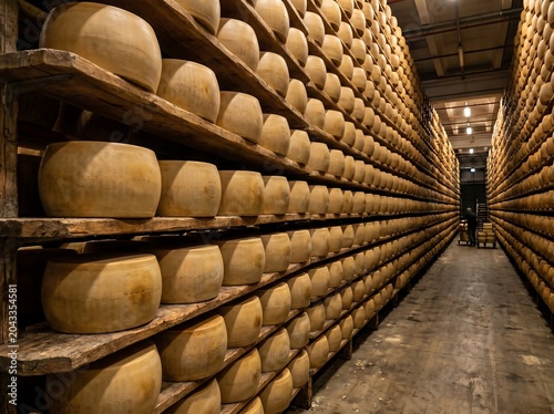 Large warehouse storage room with many wheels of cheese on shelves