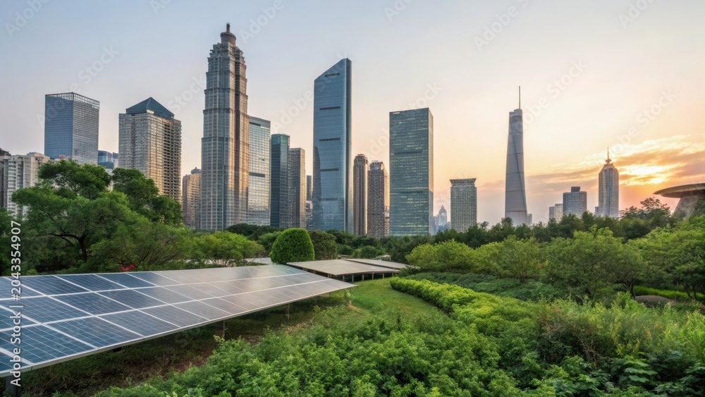 Fototapeta premium Urban skyline with modern skyscrapers and solar panels surrounded by greenery at sunset, blending cityscape with sustainable energy solutions.