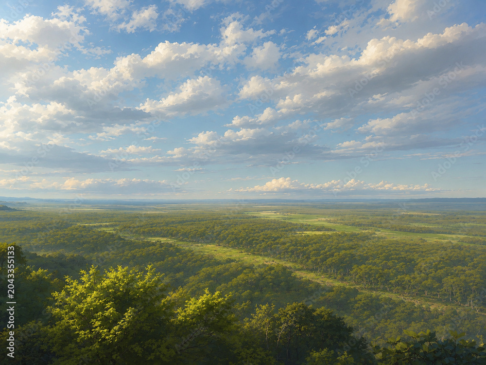 Fototapeta premium Cinematic View of Vast Forest and Grassland Under a Dramatic Sky