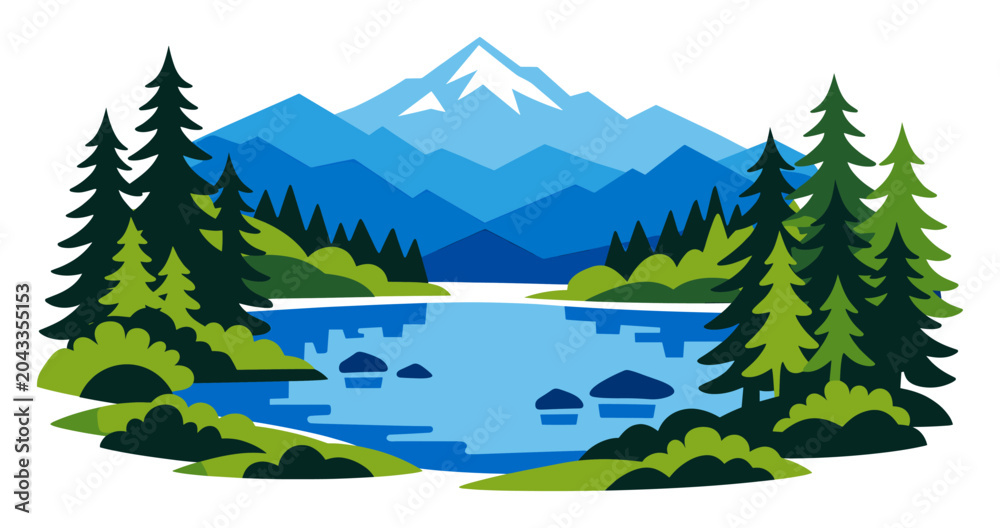 Fototapeta premium Minimalist mountain lake landscape featuring tall pine trees, green forests, and distant blue mountains with a snow-capped peak