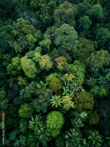 Aerial view lush green tropical rainforest canopy