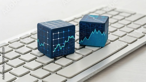 Two blue cubes with financial charts on a white keyboard symbolizing data analysis and stock market trends.
