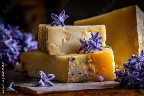 Artisan Cheese and Lavender Delight: Two wedges of rustic, artisanal cheese, one topped with delicate purple lavender sprigs and the other alongside them, sit on rustic paper.