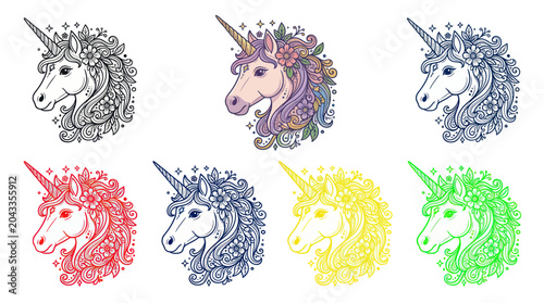 Obraz na plátne Collection of Unicorn Heads with Floral Wreaths - Black, Color, Outline
