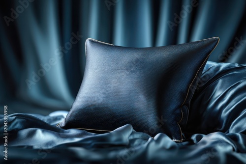 Luxurious Navy Pillow on Satin Sheets: A rich navy square pillow rests elegantly upon shimmering satin sheets, creating an atmosphere of opulence and comfort.