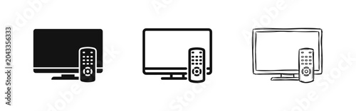 Television monitor and remote control icons set representing home entertainment and media.