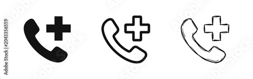 Schilderij op canvas Emergency medical call icon set featuring a telephone handset and medical cross
