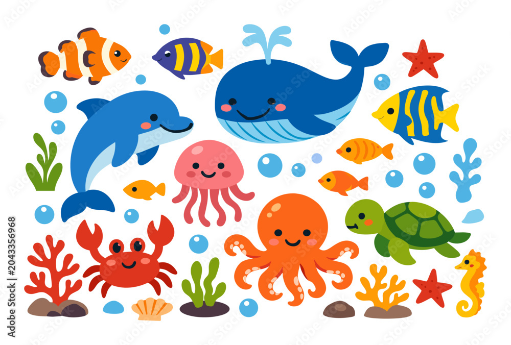 Fototapeta premium Adorable cartoon marine animals and coral reef elements on a white background, representing ocean life and aquatic wildlife