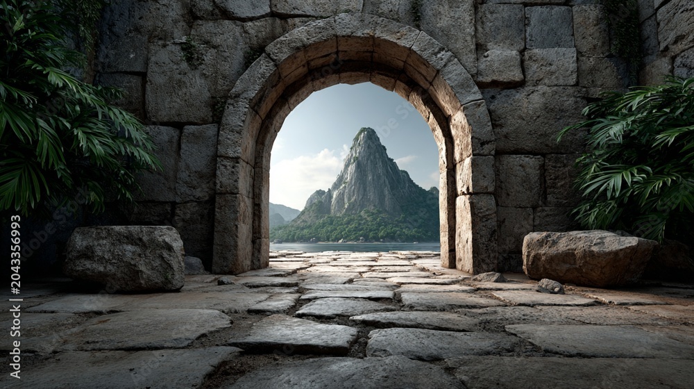 Fototapeta premium Stone Archway Leading to a Sunlit Mountain Vista with Greenery
