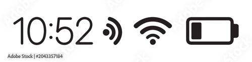 Foto Mobile phone status bar icons set with digital clock wifi signal strength indicator and battery level display