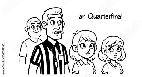 Cartoon Family Watching Excitedly at Quarterfinal Event.