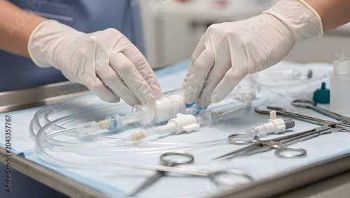 Close-up of nurse hands preparing venous catheters for long-duration access with central venous lines visible