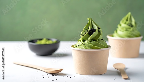 A photo of two matcha soft serve ice cream cups