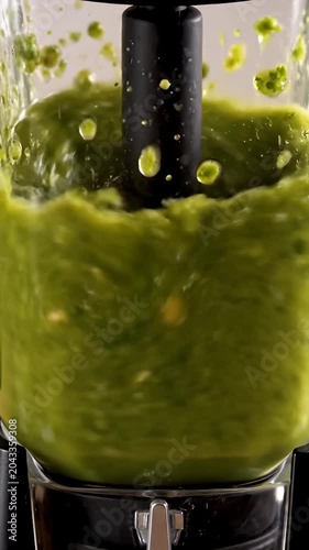 Green healthy smoothie blending inside high speed blender.