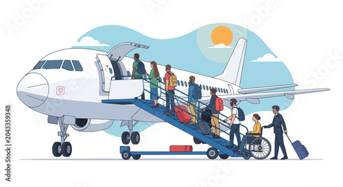 Photography Passengers including wheelchair user boarding a commercial airplane
