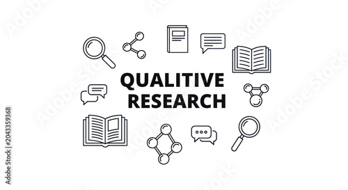 Qualitative research concept illustration with icons on white background.