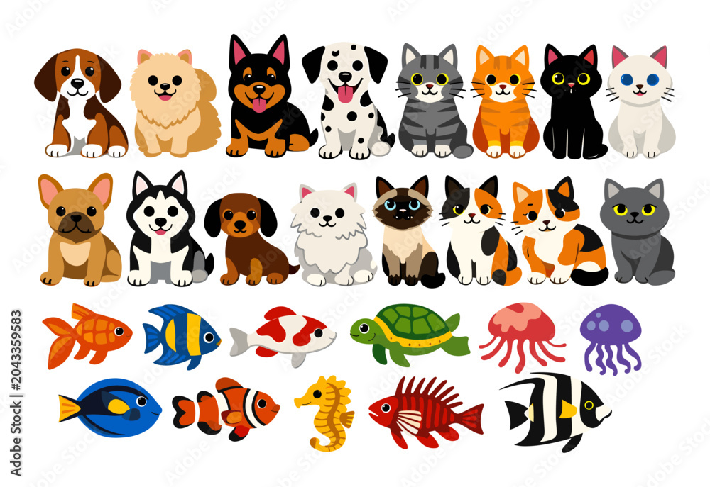 Naklejka premium Collection of cartoon dog and cat breeds, various tropical fishes, and other sea creatures on a white background