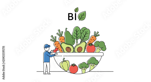 Obraz na plátne Illustration of a person with a giant bowl of fresh organic vegetables and bio sign