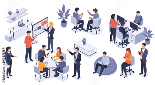 Isometric vector illustration of business people working and collaborating in a modern office space.