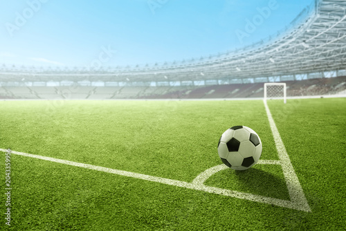 Foto A black and white soccer ball on the corner kick line of a green field inside a