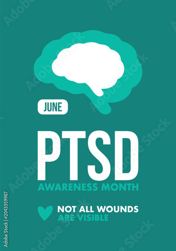 PTSD Awareness Month in June. Post Traumatic Stress Disorder. Celebrated annual in United States. Medical health care and awareness design. Poster, card, banner and background. Vector illustration