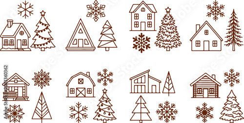 Canvas Print Charming collection of winter and holiday icons outlined in brown on a transparent grid