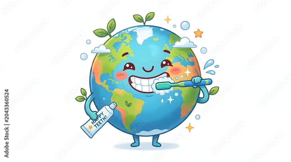 Naklejka premium Cute Earth character brushing teeth in a fun educational illustration about healthy habits.