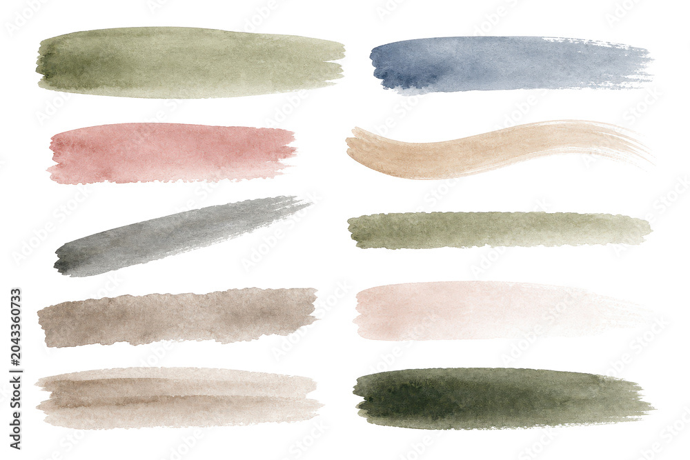 Naklejka premium Set of soft watercolor brush strokes in muted pastel tones