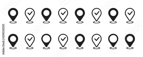 Принти на полотні Comprehensive location pin icon set with checkmark verification symbols for approved places and marked points