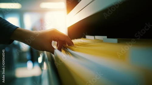 Hand searching through yellow document folders on an office shelf, organizing business paperwork and archival records