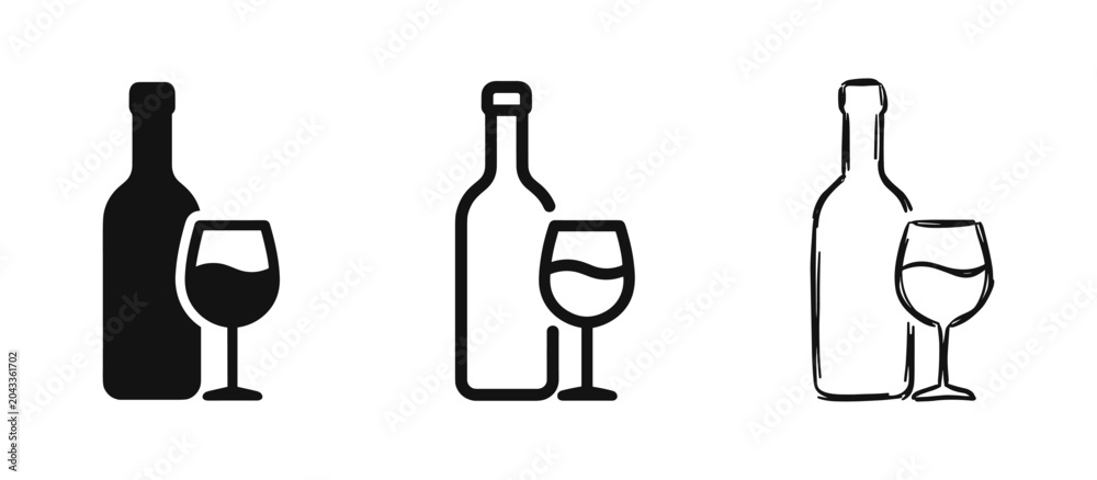Obraz premium Wine bottle and glass icons set in solid, outline, and hand-drawn doodle styles