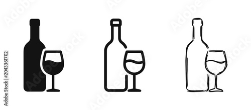 Bild auf Leinwand Wine bottle and glass icons set in solid, outline, and hand-drawn doodle styles