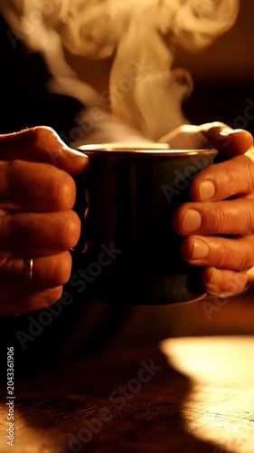 Hands cupping steaming hot coffee in dark atmosphere.