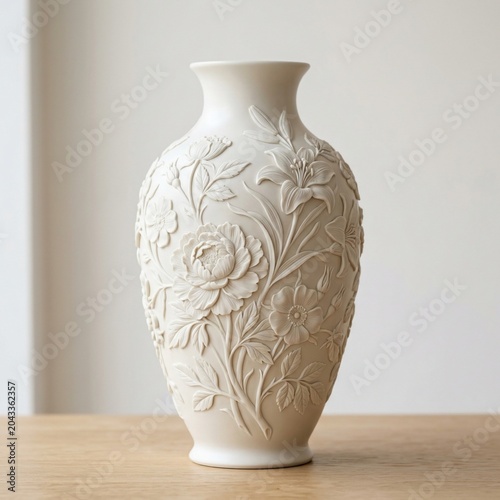 Elegant white vase with floral design on wooden table