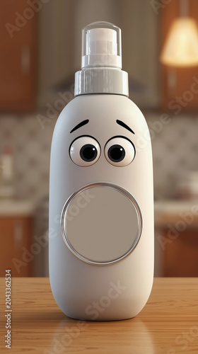 A cartoon-style spray bottle with large eyes and a smiling face. Bottle is white and placed on a wooden kitchen table