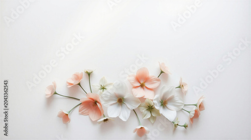 Beautiful delicate composition of flowers, located on a white background with room for text