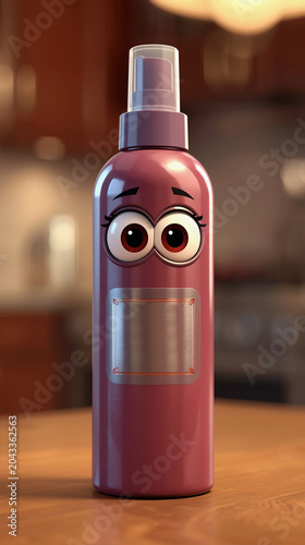 A cartoon-style spray bottle with large eyes and a smiling face. Bottle is pink and placed on a wooden kitchen table