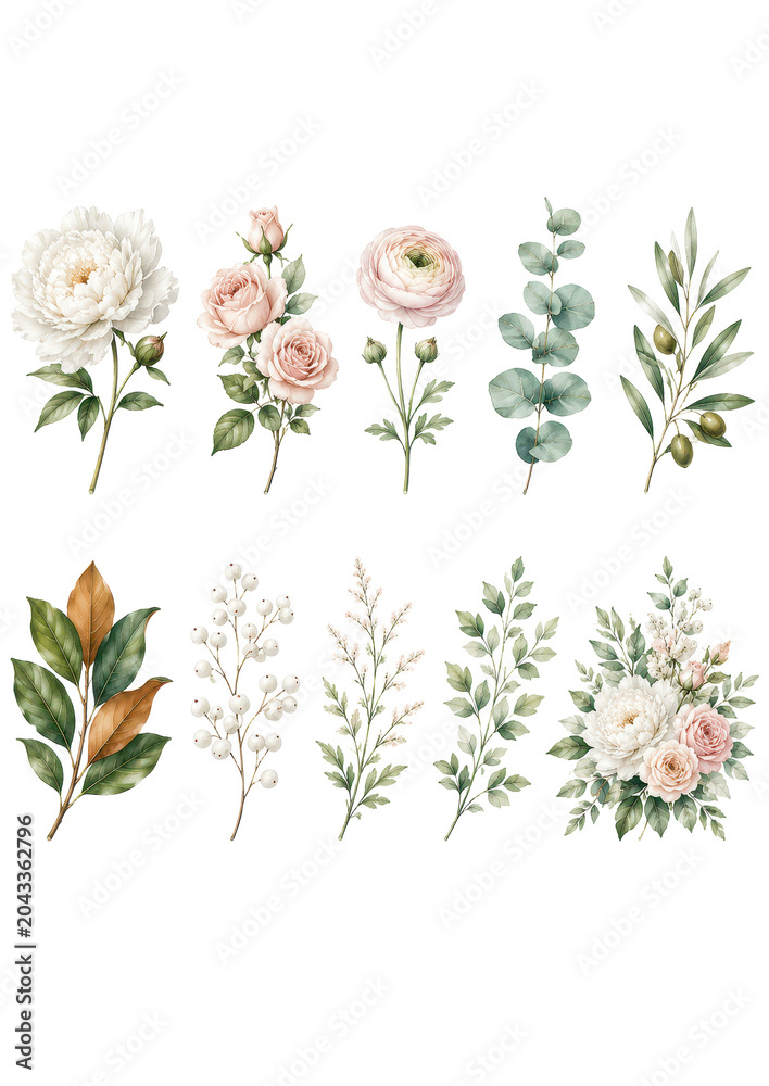 Obraz premium Watercolor botanical set with flowers, leaves, and branches