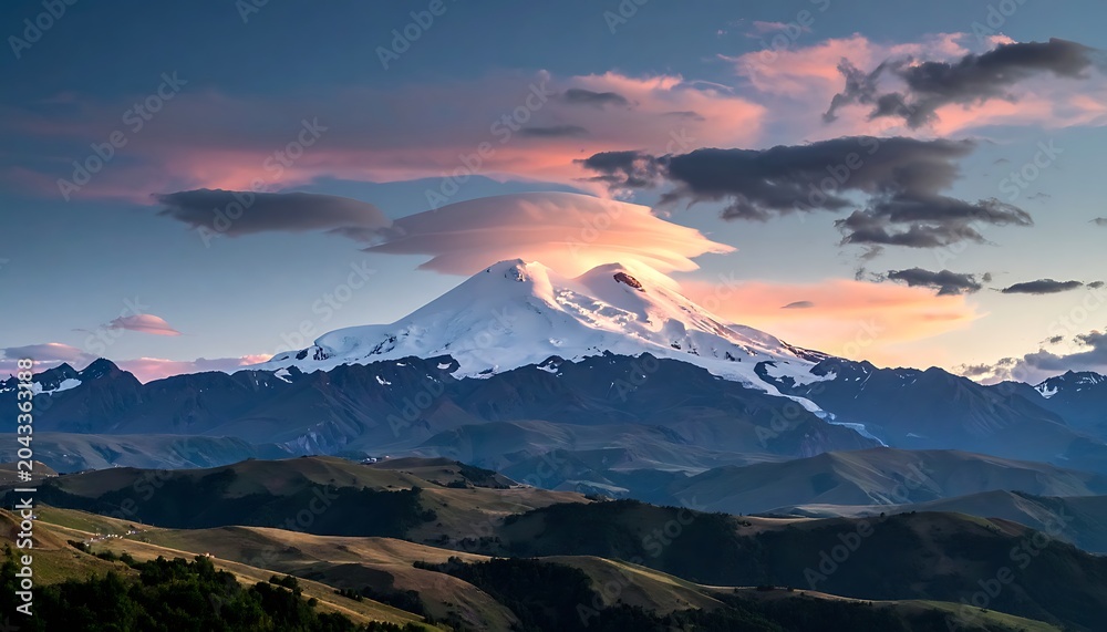 Fototapeta premium Snowy mountain landscape at sunrise.