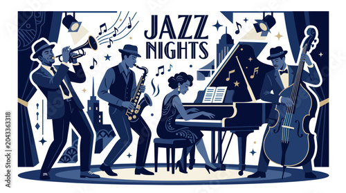 Canvas Print Vintage Jazz Band Performing Live Music Night