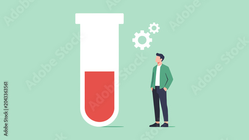 Photos Focused professional contemplating a large test tube of red liquid, an illustrat