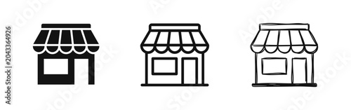 Bild auf Leinwand Storefront and small business shop icon set with awning in three different graph